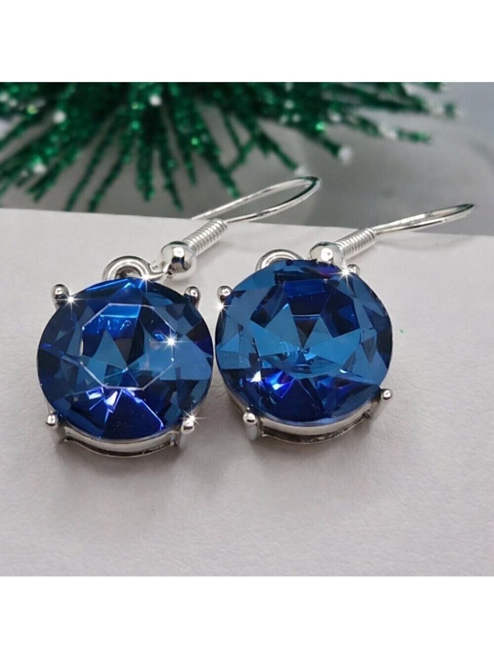 Blue Gemstone Drop Earrings w/925 Sterling Silver Hooks Solitaire Round Dangle